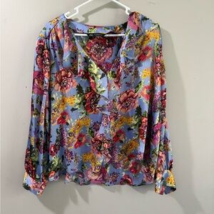 Zara Lavender Floral Ruffle V-Neck Blouse with Multicolor Print